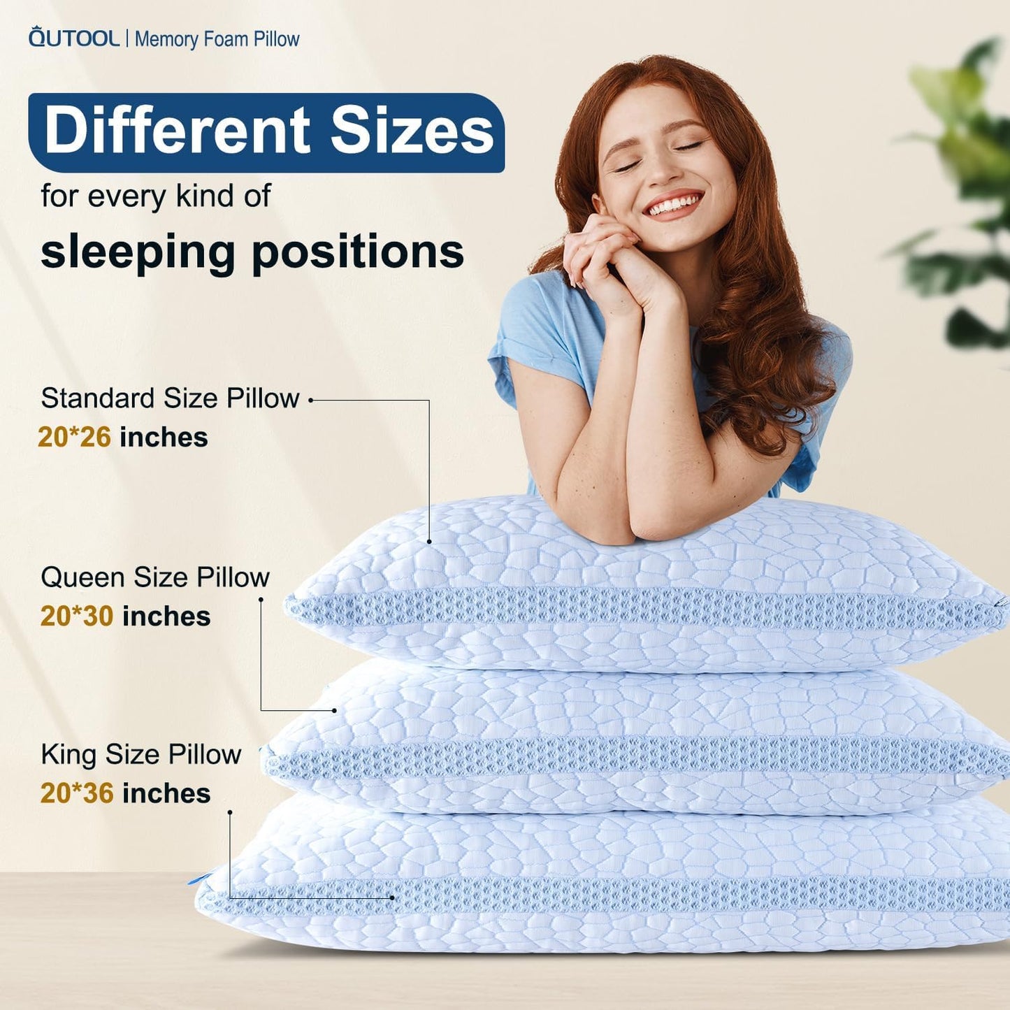 QUTOOL Cooling Pillow for Sleeping, CertiPUR-US Shredded Memory Foam Queen Pillows Set of 2, Cool Pillow for Hot Sleepers Adjustable Firm Pillow for Side, Back, Stomach Sleepers Soft Yet Support,White