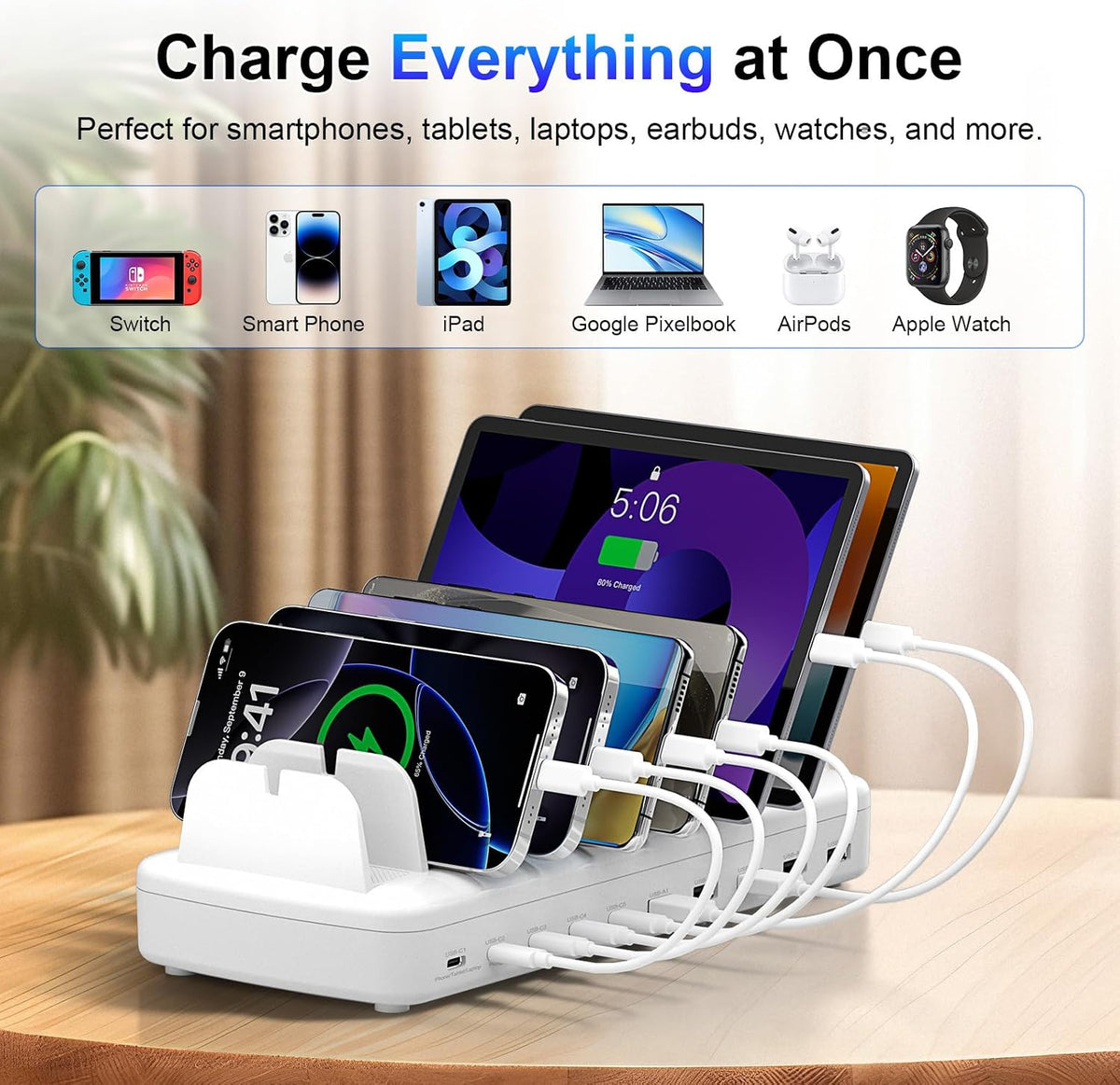 510W Charging Station for Multiple Devices, 10 Ports Charger Organizer