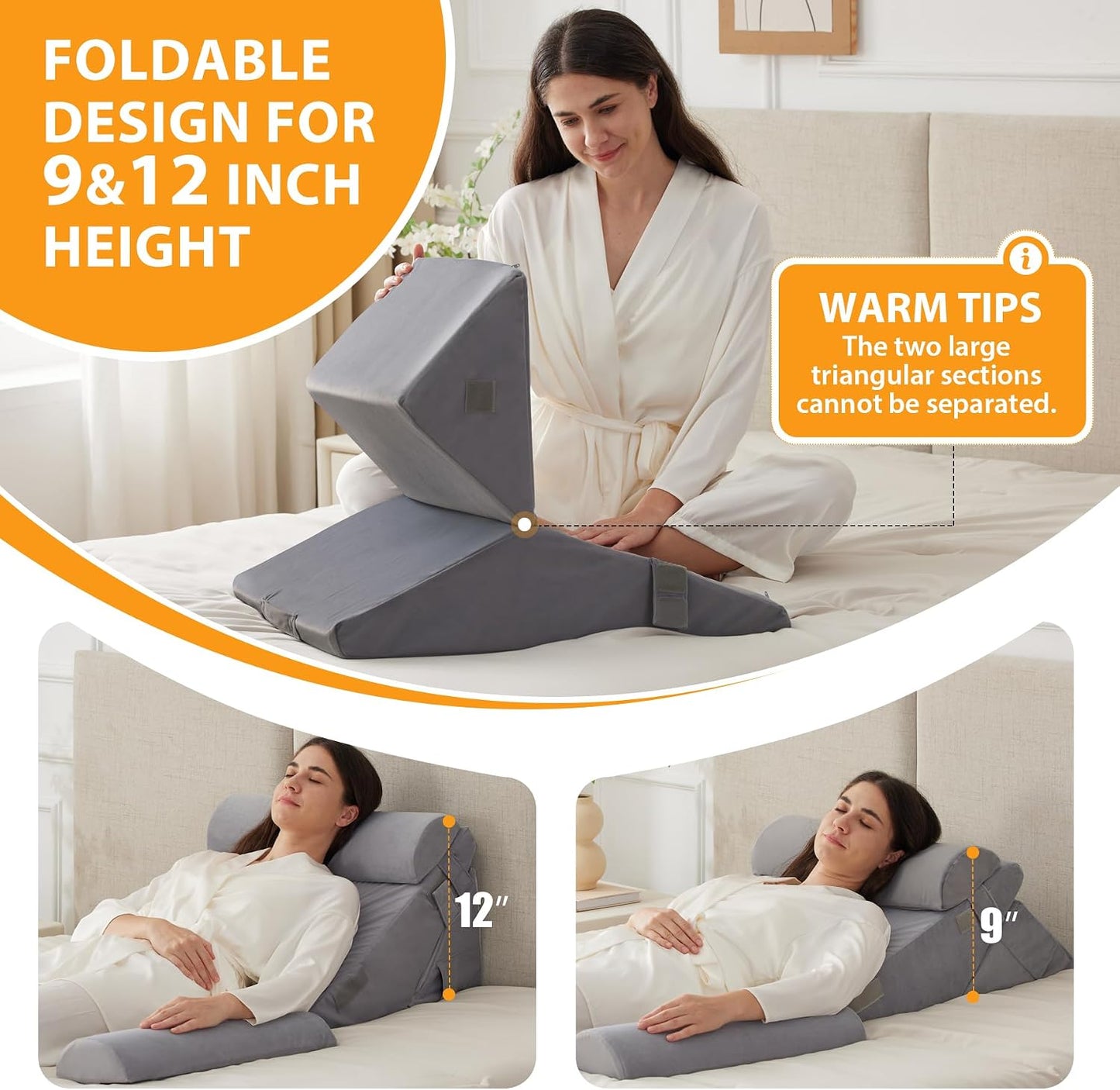 Ruqmuis Wedge Pillow Set for After Surgery, 3PCS Adjustable 9&12 Inch Bed Wedge Pillow for Sleeping, Incline Pillow Wedge for Headboard, Post Surgery, Acid Reflux, Neck&Back Support, White/Grey