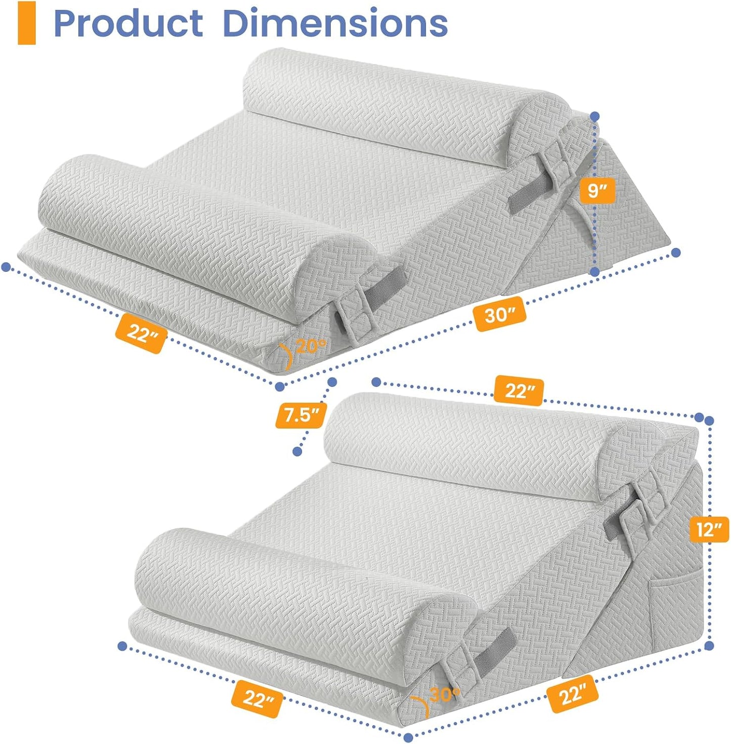 Sasttie Wedge Pillow Set for After Surgery, 2PCS Adjustable Bed Wedge Pillow Headboard with Memory Foam Neck Cushion – for Acid Reflux, Sleeping, Neck & Back Support, Dark Grey & White