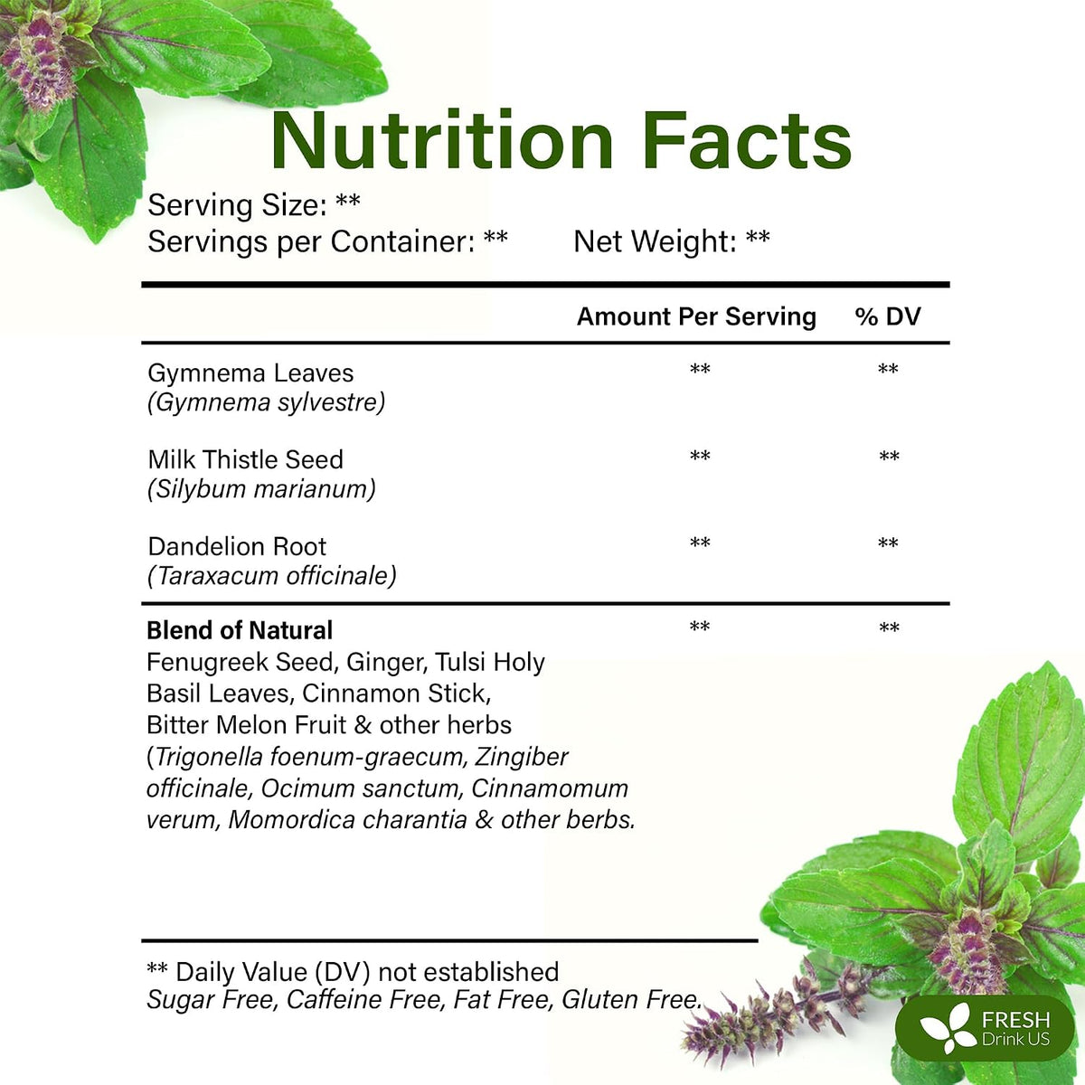 FreshDrinkUS, Premium 75 Tea Bags Glucose Functional Tea – Herbal Blend with Gymnema, Cinnamon, Bitter Melon, Tulsi & More –– Caffeine-Free. Sugar-Free. Gluten-Free. Vegan