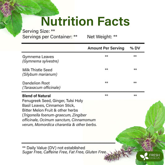 FreshDrinkUS, Premium 30 Tea Bags Glucose Functional Tea – Herbal Blend with Gymnema, Cinnamon, Bitter Melon, Tulsi & More –– Caffeine-Free. Sugar-Free. Gluten-Free. Vegan
