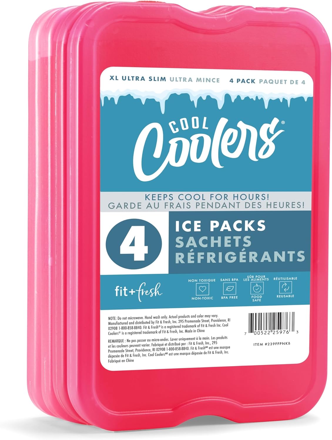 Cool Coolers by Fit & Fresh 4 Pack XL Slim Ice Packs, Quick Freeze Space Saving Reusable Ice Packs for Lunch Boxes or Coolers