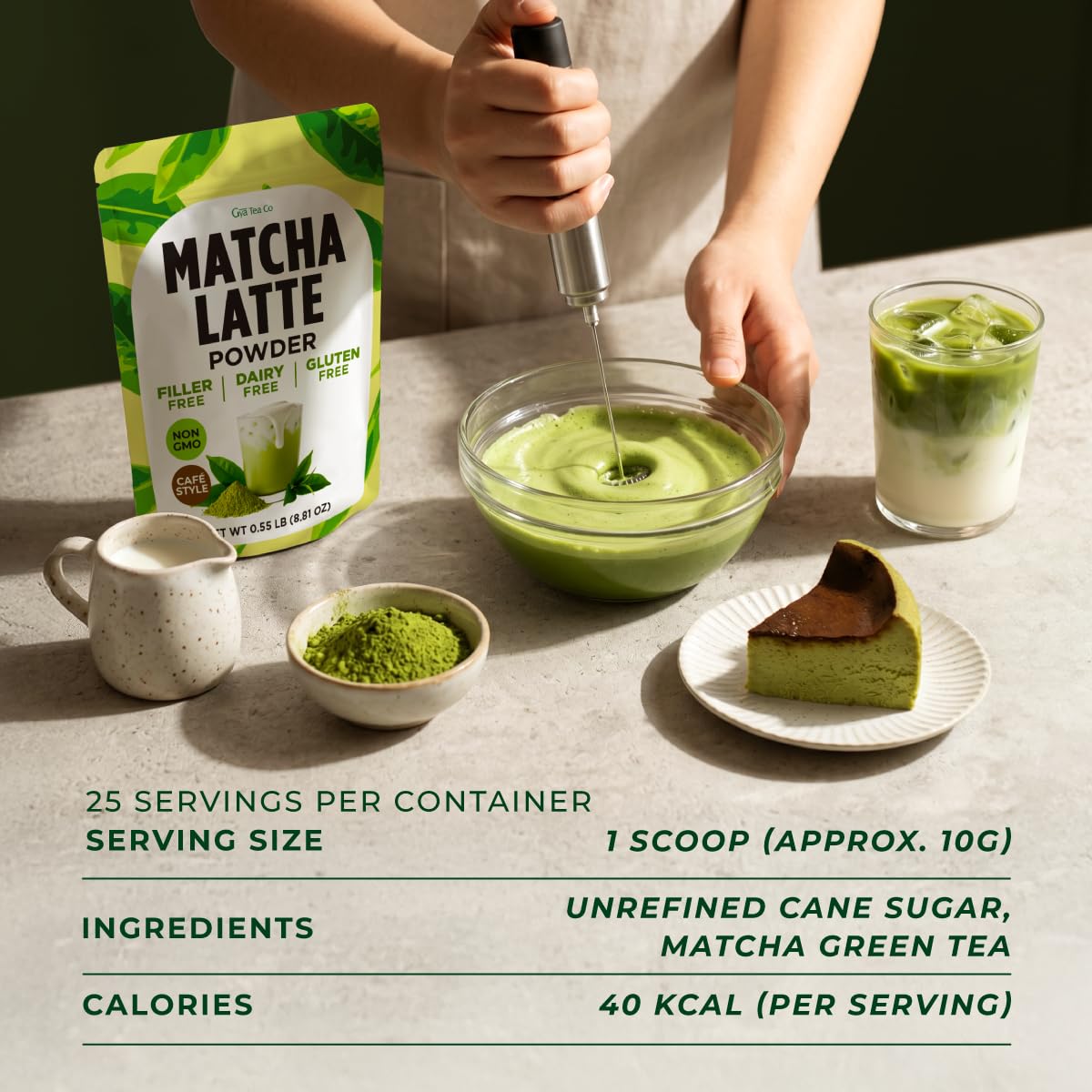Matcha Latte Powder 0.55 LB (25 Servings) - Pure Dried Superfood, Easy Mix, Sugar Free - Antioxidant Rich for Smoothies, Baking & Drinks - Non-GMO Gluten-Free | Gya Tea Co