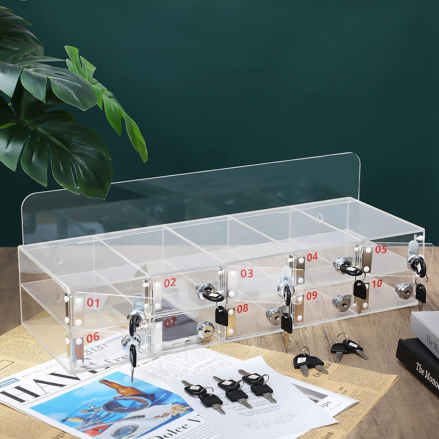 Threan 12 Slot Cell Phone Storage Box, Acrylic Clear Cell Phone Storage Cabinet Wall Mounted with Door, Locks and Keys for Office School Factory