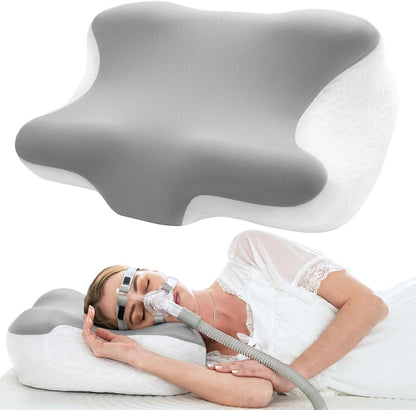 Elviros Cervical Neck Pillow for Neck Pain Relief, CPAP Pillow for Side, Back & Stomach Sleepers, Ergonomic Orthopedic Pillow for CPAP Users to Reduce Air Leaks and Mask Pressure, Dark Grey