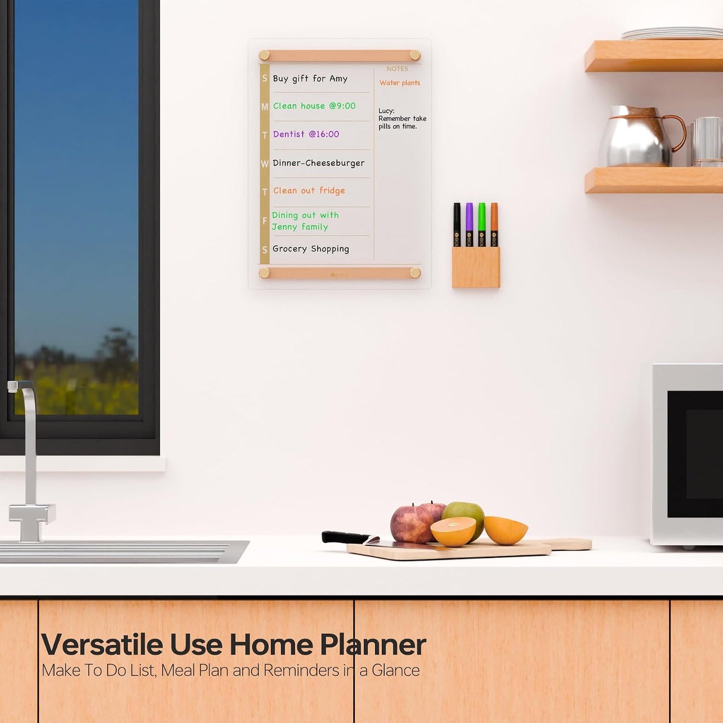 Black Glass Golden Weekly Dry Erase Calendar & Menu Whiteboard for Wall, Meal Planning & Grocery Shopping List White Board for Kitchen & Home, 15x11, 4 Wet Erase Markers Included, Yeoux