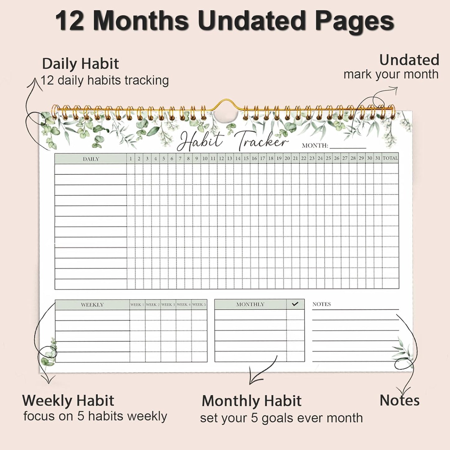 Habit Tracker Calendar, Daily Weekly Goal and Habit Tracker Journal, 12 Months Undated Habits Tracker Planner with Spiral Binding, Boost Productivity Tool and Workout Calendar, 11.7"x8.5"
