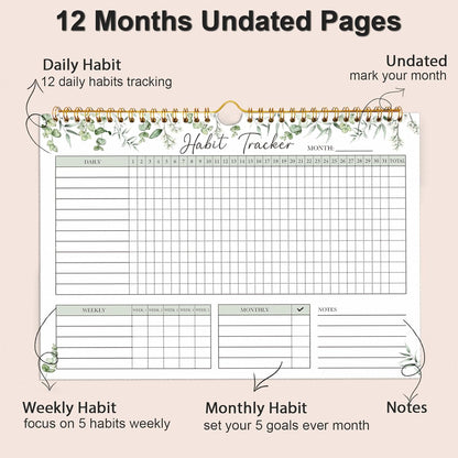 Habit Tracker Calendar, Daily Weekly Goal and Habit Tracker Journal, 12 Months Undated Habits Tracker Planner with Spiral Binding, Boost Productivity Tool and Workout Calendar, 11.7"x8.5"
