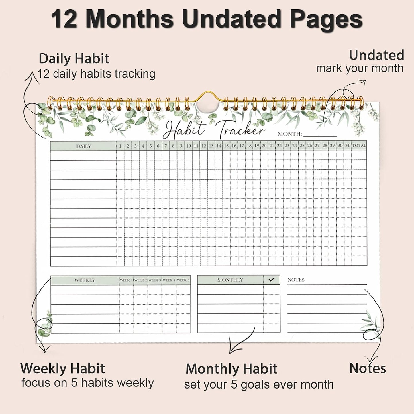 Habit Tracker Calendar, Aesthetic Daily Weekly Goal and Habit Tracker Journal, 12 Months Undated Habits Tracker Planner with Spiral Binding, Boost Productivity Tool and Workout Calendar, 11.7"x8.5"