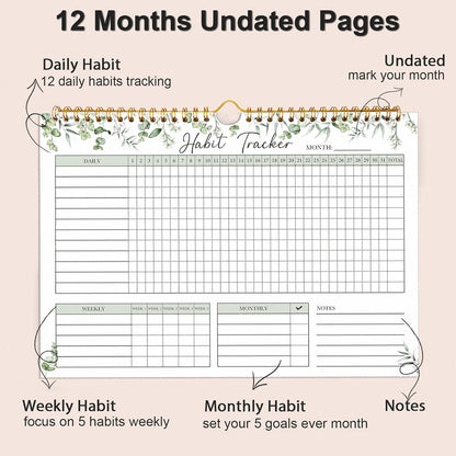 Habit Tracker Calendar, Aesthetic Daily Weekly Goal and Habit Tracker Journal, 12 Months Undated Habits Tracker Planner with Spiral Binding, Boost Productivity Tool and Workout Calendar, 11.7"x8.5"