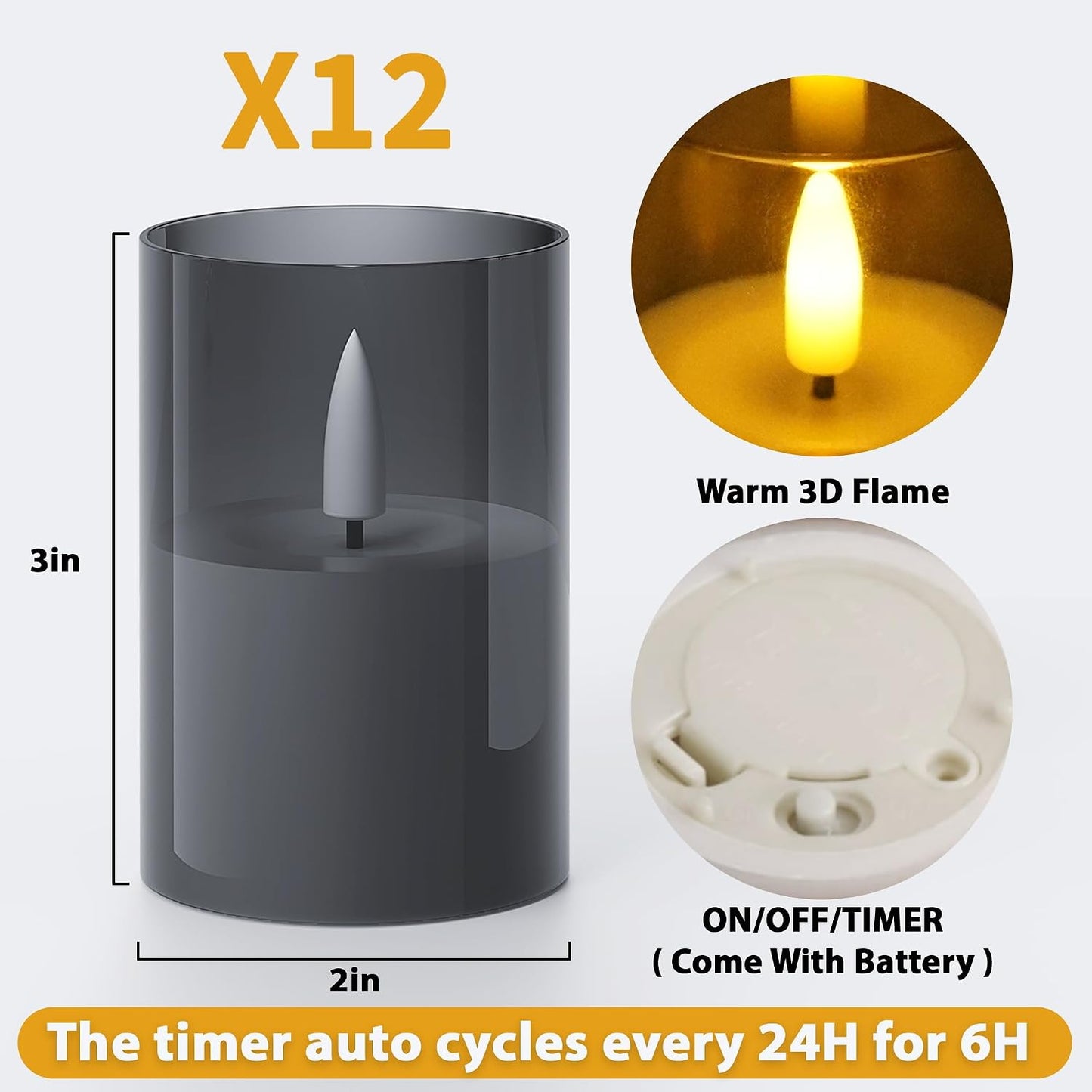 VIODAIM 12Pack Flickering Flameless LED Candles with Timer, Battery Powered - Small Pillar & Votive, Clear (2"X3")