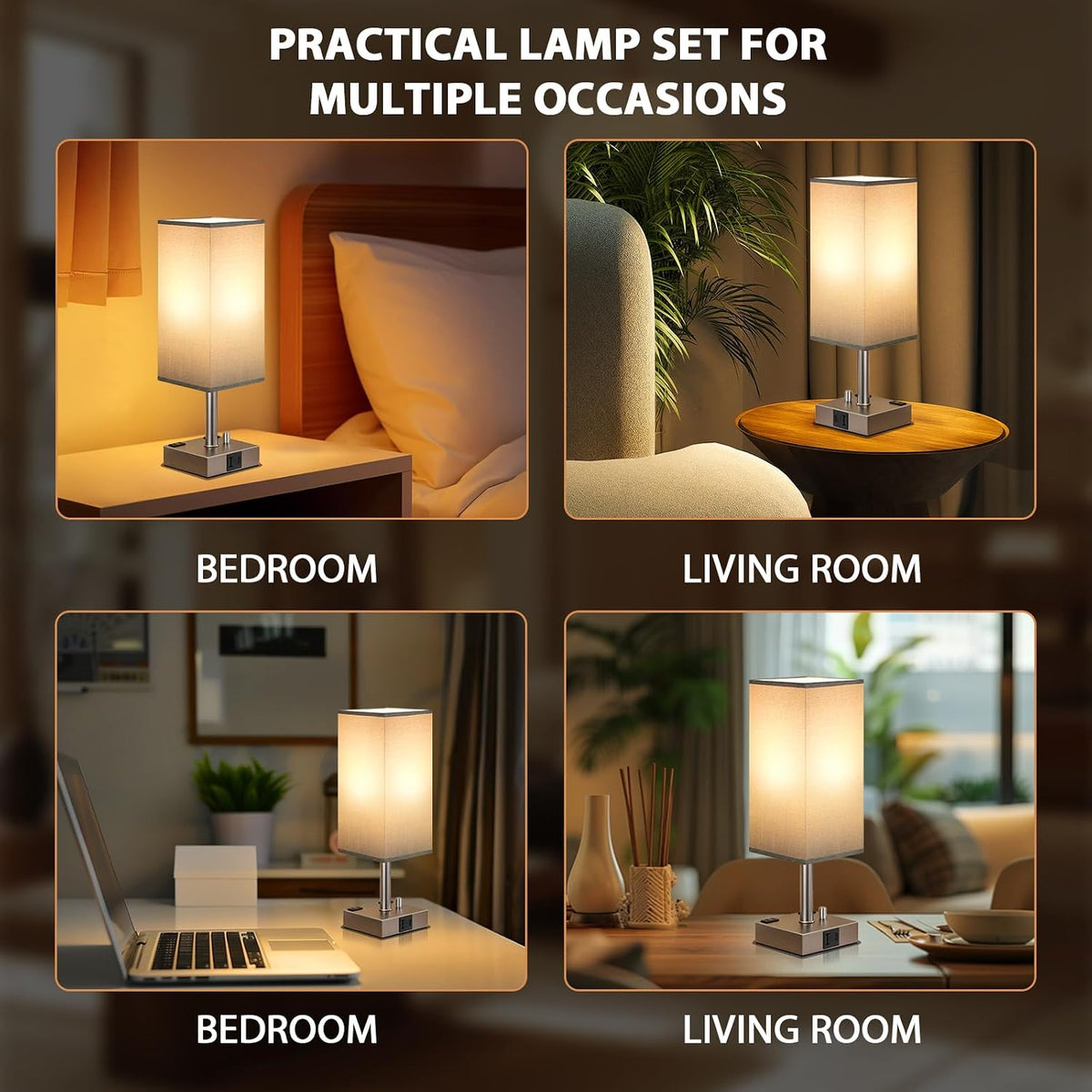 Bedside Table Lamps Set of 2 for Bedroom - Dimmable, USB C+A, 2 AC Outlets