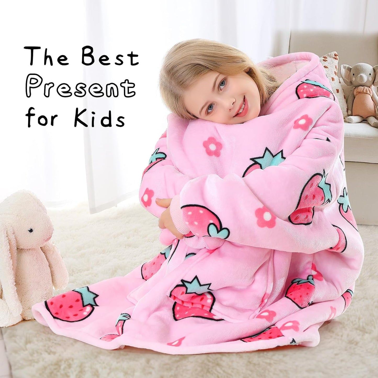 Aemicion Strawberry Blanket Hoodie,Oversized Sherpa Wearable Hooded Blanket,Warm Cozy Sweatshirt Gifts for Women Girls Adult