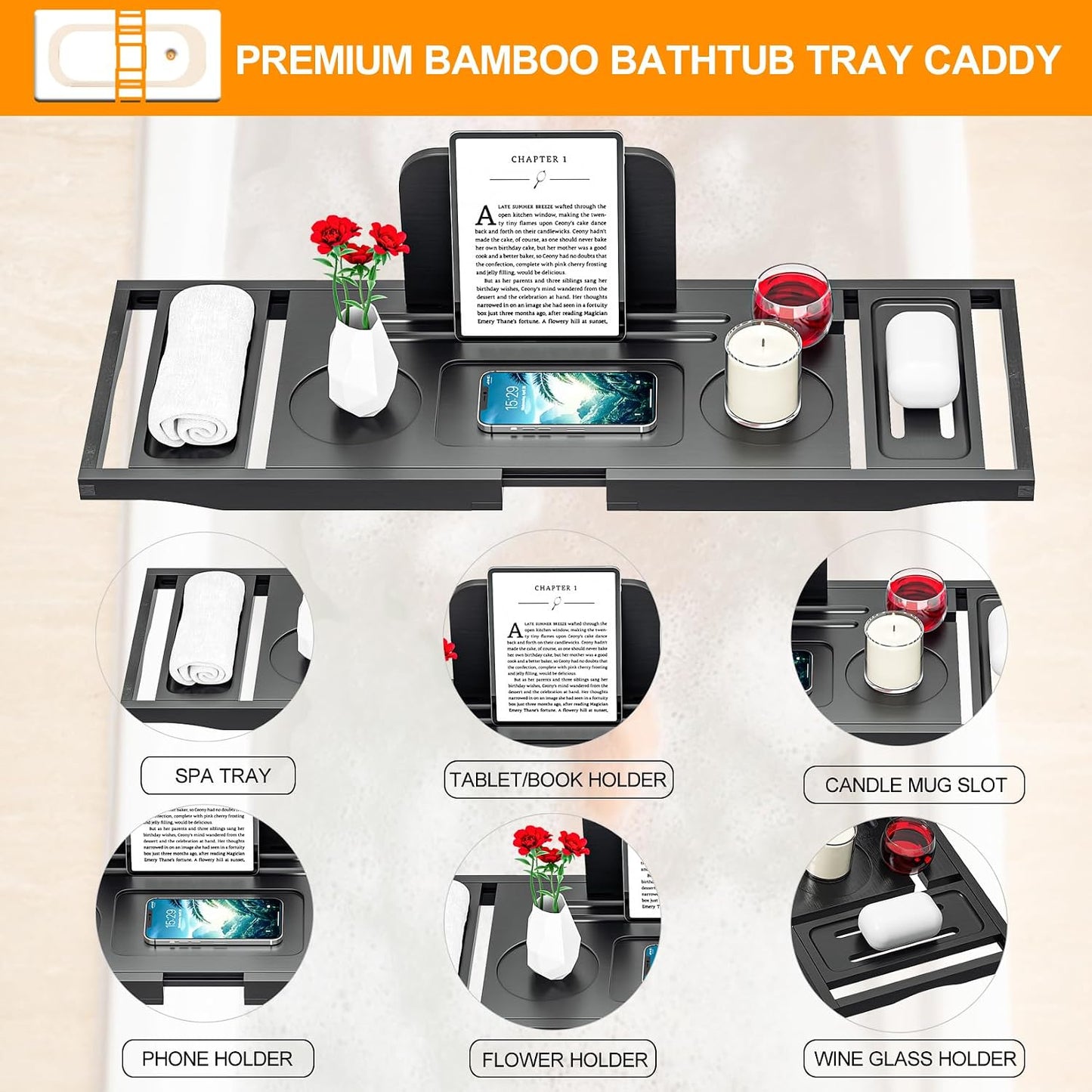 Bathtub Tray Caddy - Bath Tray - Bath Tub Tray Caddy - Bamboo Bath Table Tray for Tub - Expandable Size, Fits Most Tubs