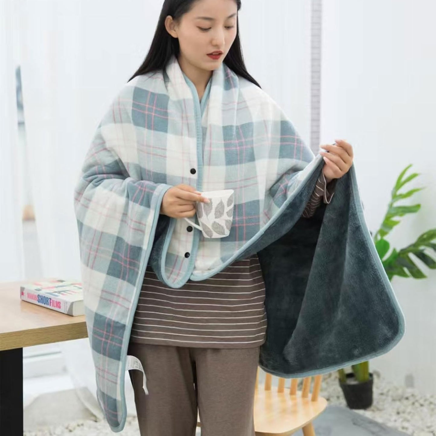 forestfish Fleece Wearable Blanket, Plaid Lap Blanket Comfy Poncho Throw with Buttons for Bed Sofa Office, Grey-White