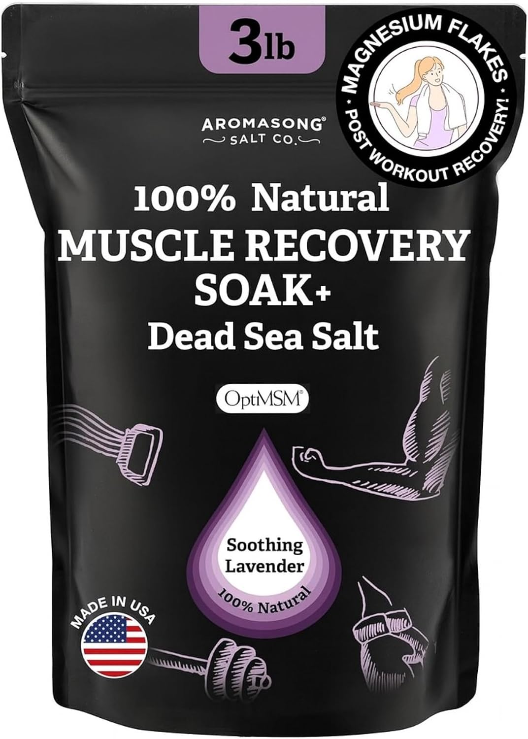 Aromasong Muscle Recovery Bath Soak - Enriched with Dead Sea Salt, OptiMSM, Magnesium Flakes & Essential Oils | Pain Relief Bath Soak for Post-Workout Soreness | Made in USA, 14 oz Bag