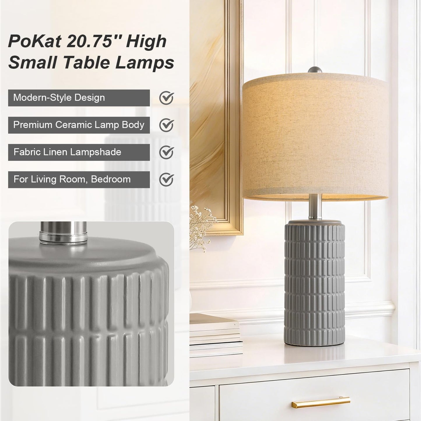 PoKat 20.75" Small Modern Ceramic Table Lamps Set of 2 for Bedroom, White Bedside Lamps for Night Stands, Farmhouse Desk Home Decor Gift Nightstand Table Lamps for Living Room End Table Beige