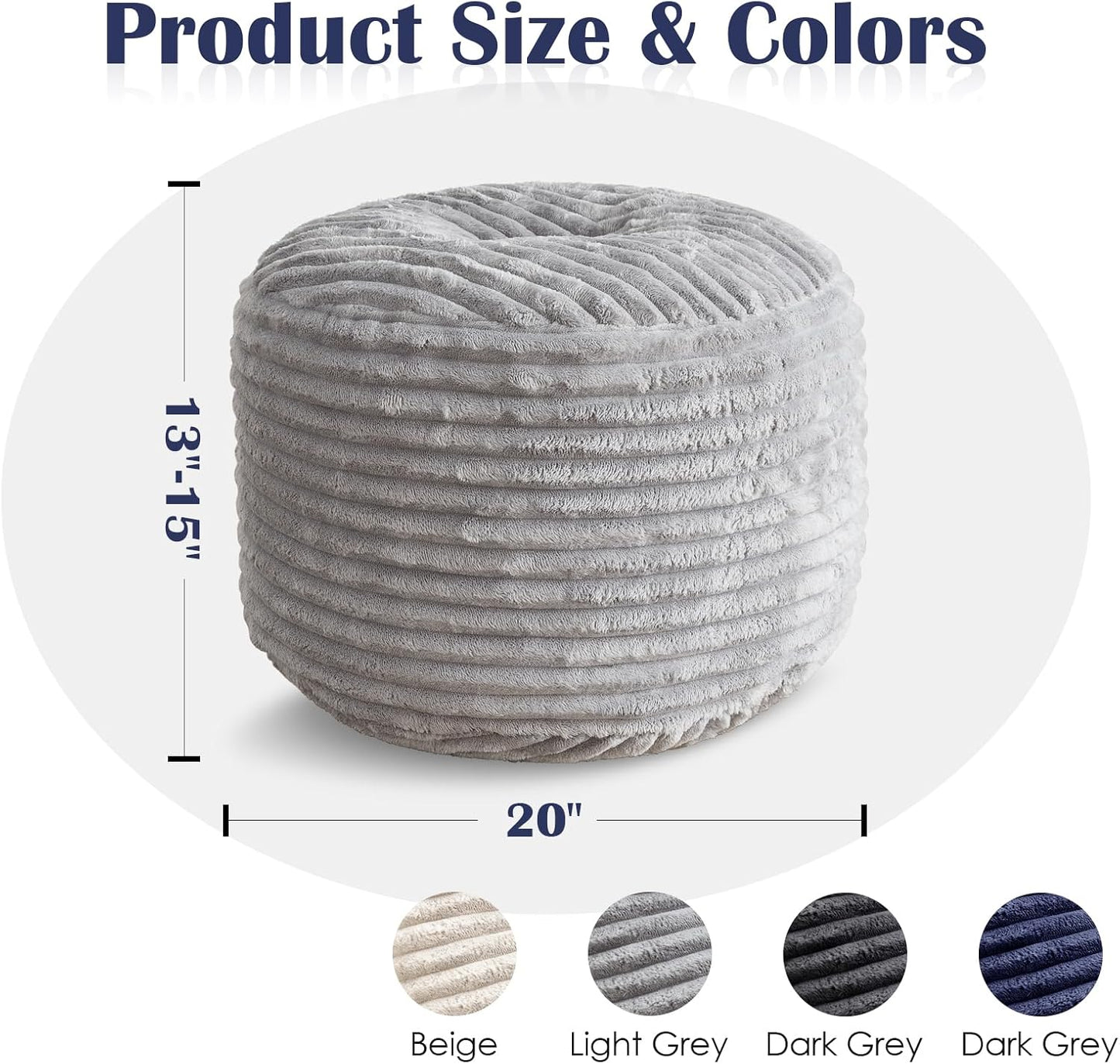 SHOUREN Stuffed Round Ottoman,Corduroy Pouf Ottoman Foot Rest with Foam Filling,Pouf Storage Ottoman Footstool for Living Room,20 X 15 Floor Poufs for Couch,Footrest Only - 20 X 15 Inches,Beige