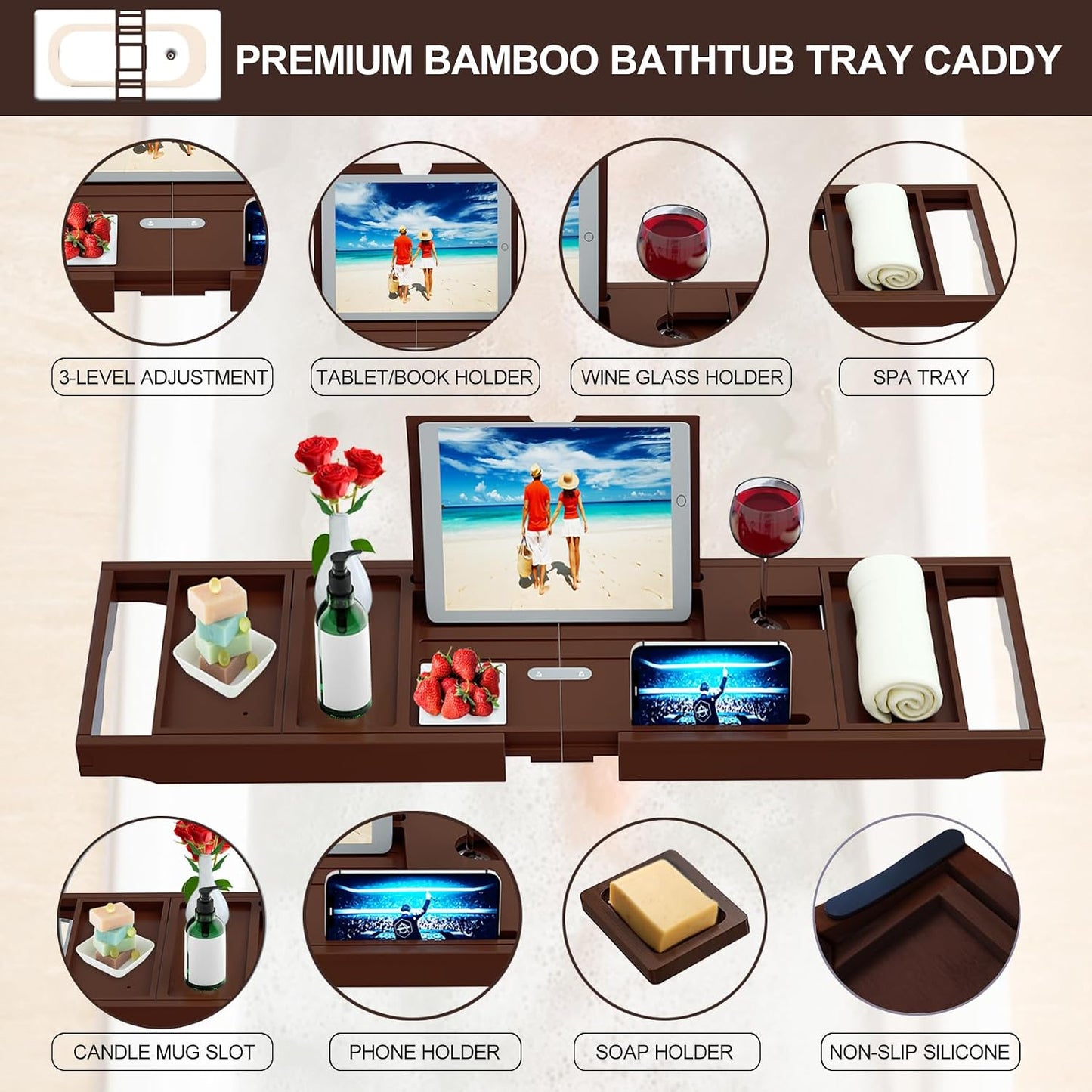 Premium Bamboo Bathtub Tray Caddy - Bath Tub Tray Table for Bathtub - Bath Caddy Tray for Bathtub, Expandable Size, Fits Most Bath Tubs