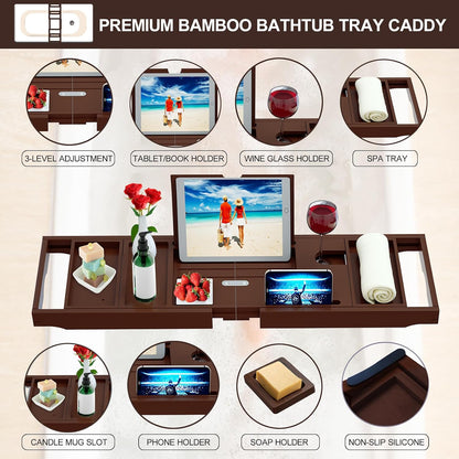 Premium Bamboo Bathtub Tray Caddy - Bath Tub Tray Table for Bathtub - Bath Caddy Tray for Bathtub, Expandable Size, Fits Most Bath Tubs