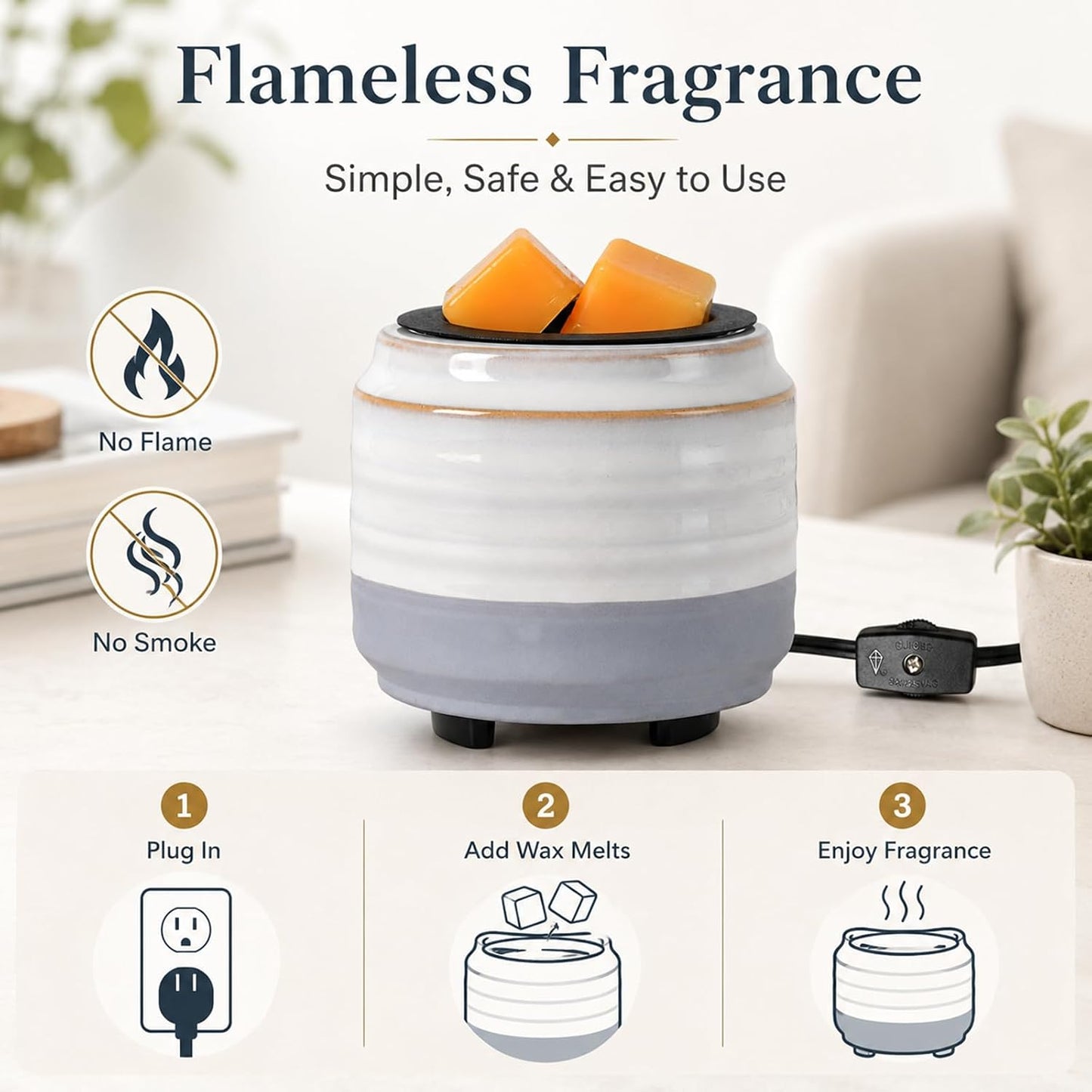 mocosa Ceramic Wax Melt Warmer, 3-in-1 Electric Wax Warmer for Scented Wax Melts, Flameless Candle Wax Burner for Home Fragrance, Bedroom Bathroom Office Decor, Gifts for Women Mom(Beige-Granular)