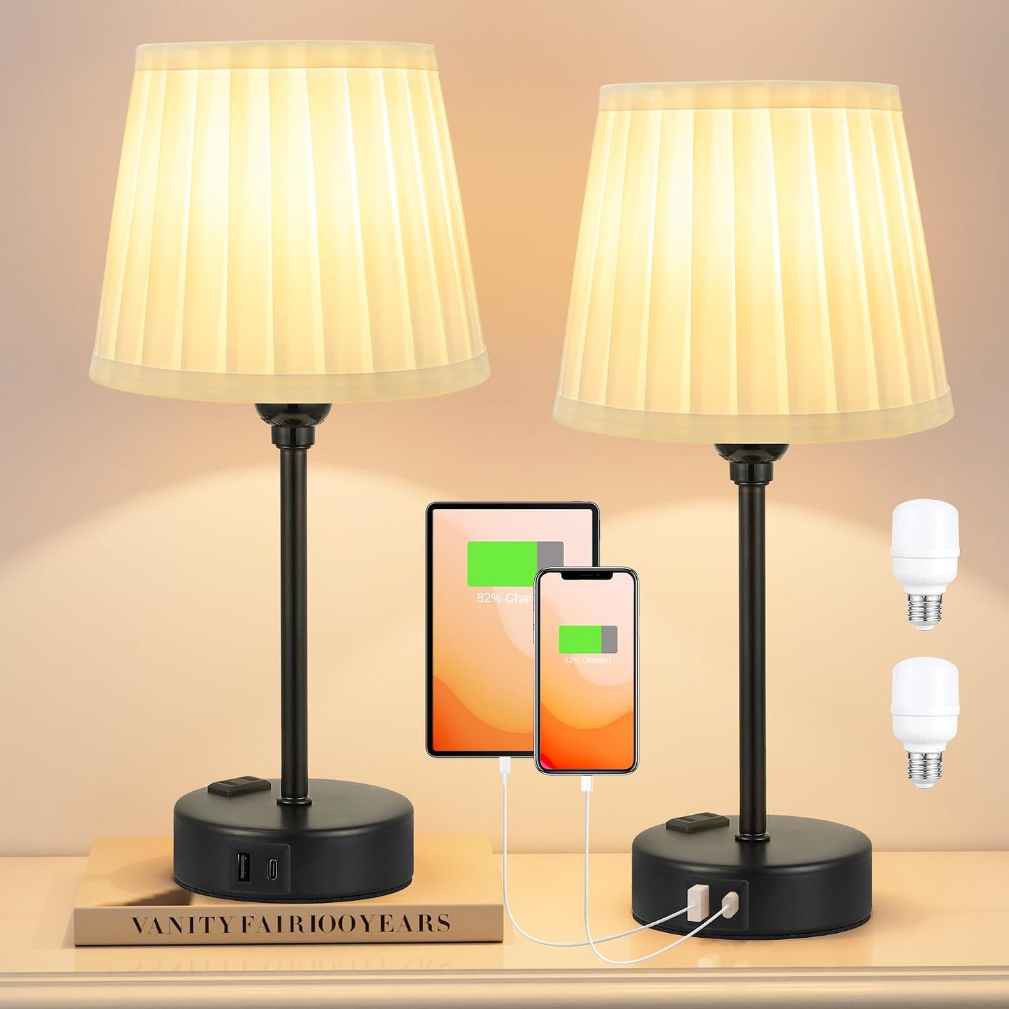 Mini Bedside Lamps for Bedrooms Set of 2 - Nightstand Bedroom Lamps with USB C Port and AC Outlet Charging, Dimmable Touch Small Bed Side Table Lamp, Black Night Stand Light for Kids/Guest Room