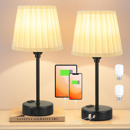 Mini Bedside Lamps for Bedrooms Set of 2 - Nightstand Bedroom Lamps with USB C Port and AC Outlet Charging, Dimmable Touch Small Bed Side Table Lamp, Black Night Stand Light for Kids/Guest Room