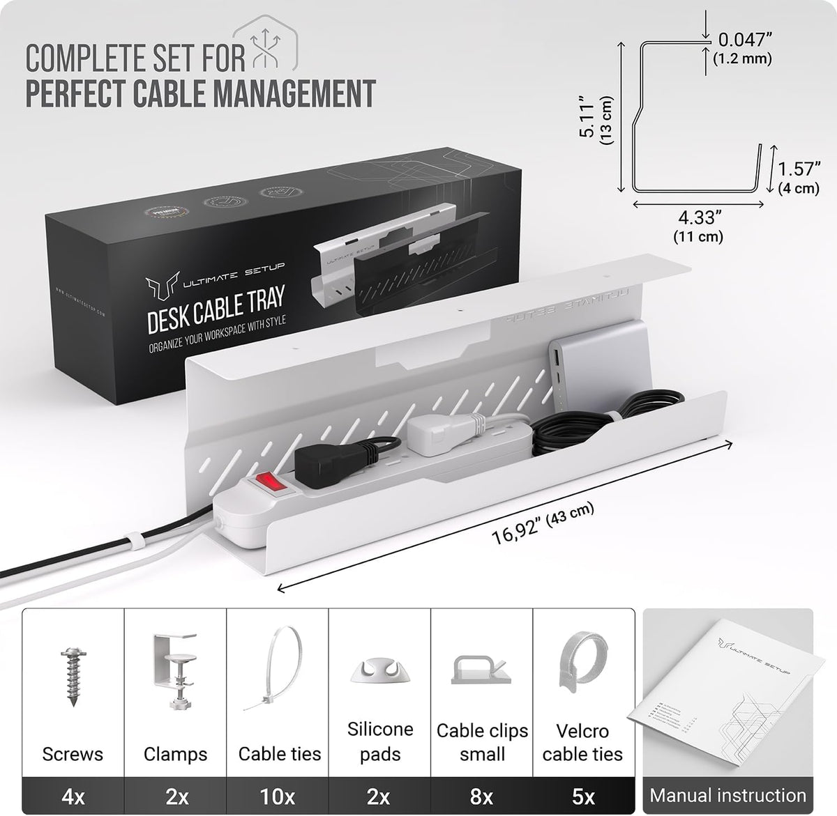 Under Desk Cable Management Tray no Drill – Wire Management - Cord Organizer – Huge Load Capacity – Under Desk Cable Tray no Drill (Black)