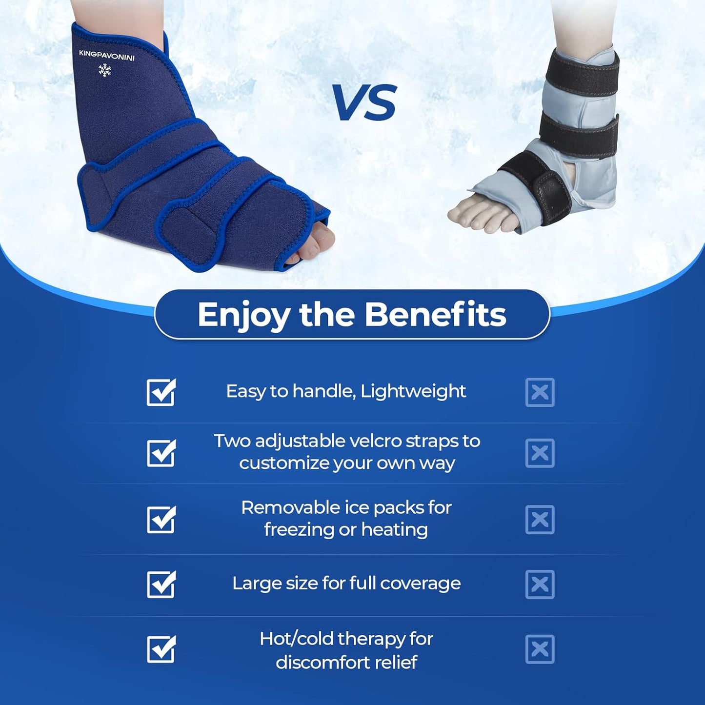 KingPavonini Ankle Foot Ice Pack Wrap for Sprained Ankle/Surgery Recovery, Reusable Gel Ice Packs for Feet Injuries, Plantar Fasciitis, Achilles Tendonitis, Hot/Cold Therapy, XL (1 Wrap+4 Gel Packs)