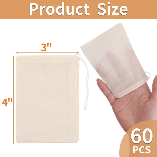 60 Pcs Spice Bags for Cooking, Muslin Reusable Tea Bag Drawstring Sachet