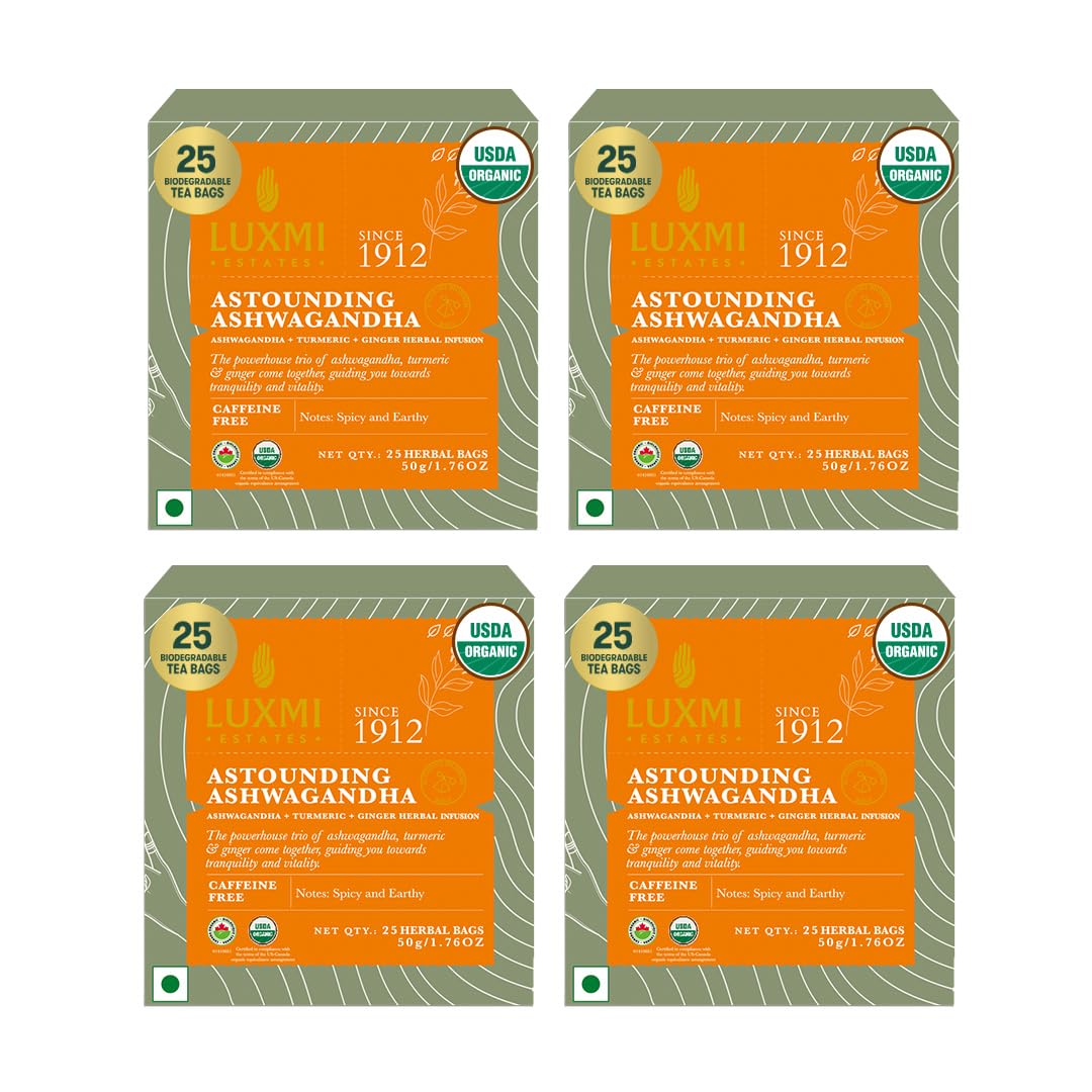 Luxmi Estates Ashwagandha Turmeric | Organic Adaptogen Tea | 25 * 4 | 100 Biodegradable Tea Bags | 200g/7.04oz