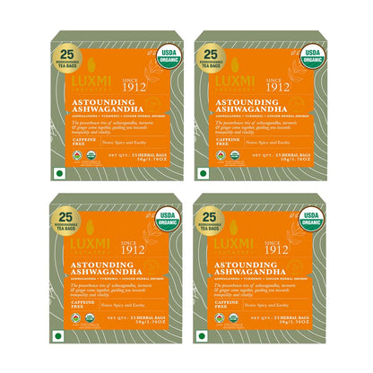 Luxmi Estates Ashwagandha Turmeric | Organic Adaptogen Tea | 25 * 4 | 100 Biodegradable Tea Bags | 200g/7.04oz
