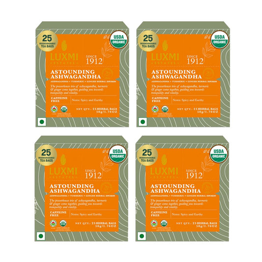 Luxmi Estates Ashwagandha Turmeric | Organic Adaptogen Tea | 25 * 4 | 100 Biodegradable Tea Bags | 200g/7.04oz