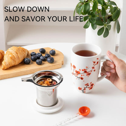 Sweejar Porcelain Tea Infuser Mug with Lid, 16 oz Teacup with Strainers for Loose Leaf Tea, Microwave and Dishwasher Safe Coffee Mug(Purple)