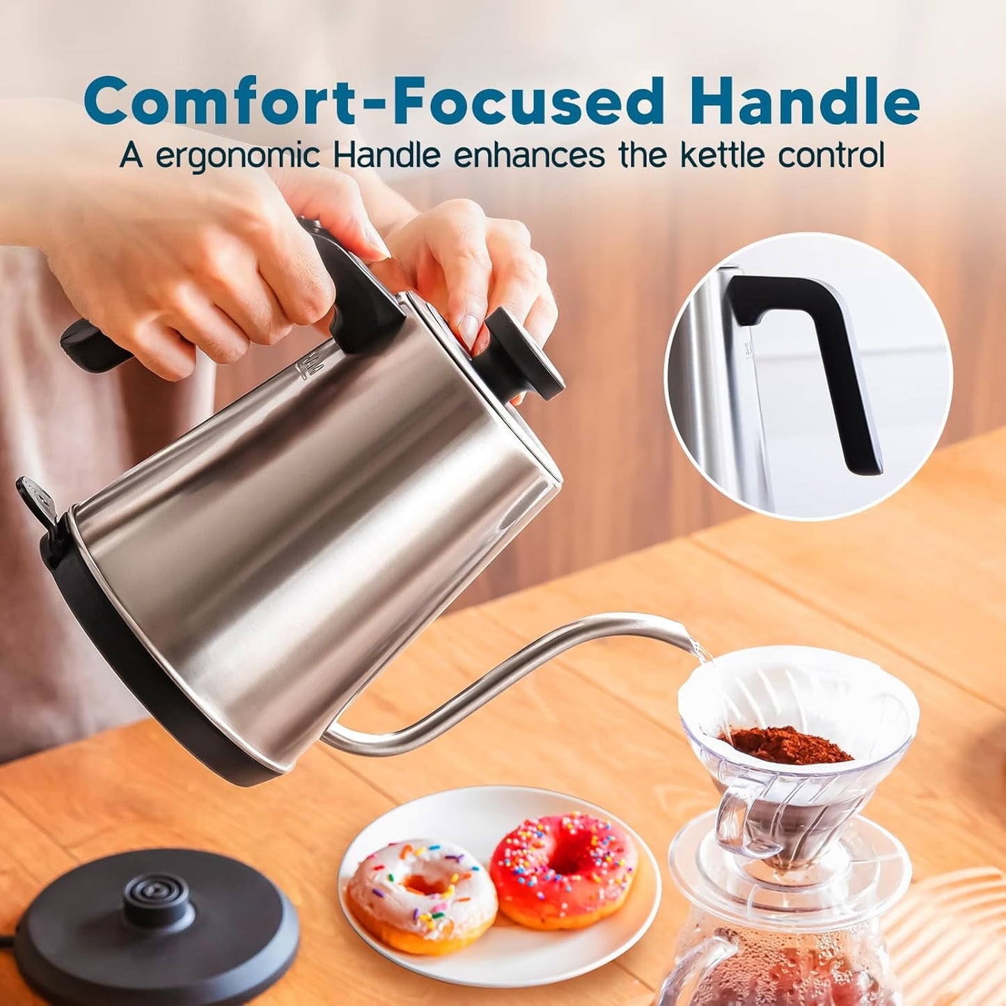 Nueve&Five Gooseneck Electric Kettle with Thermometer, Copper Tea Kettle with Auto Shut-Off,1000W Hot Water Kettle Electric of Stainless Steel,Electric Kettles for,Coffee & Tea