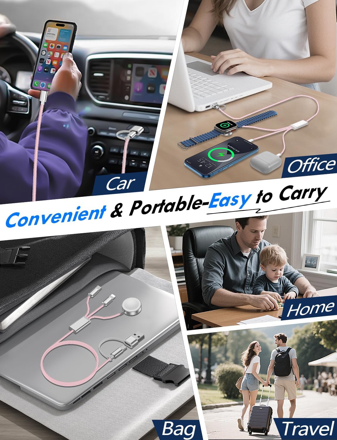 Travel Essentials for Apple Watch Charger,3-in-2 Multi Charging Cable