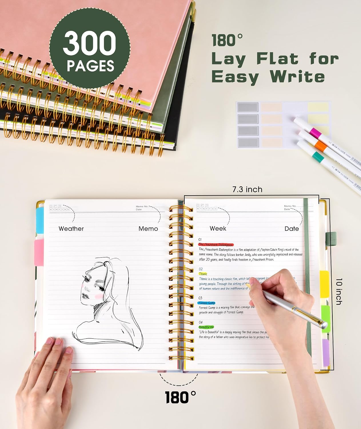 Hardcover Spiral Notebook journal with Removable Dividers Tabs, 300 Pages Leather 5 Subject Notebook College Ruled, 8"x10" Large B5 Notebooks for Work School Note taking, Lined Journal for Women,Black