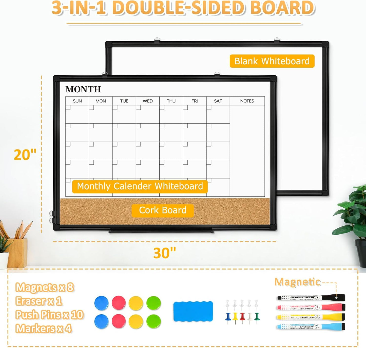 Dry Erase Calendar Whiteboard for Wall, 24"x18" Magnetic Monthly White Board Cork Board Combo, Double Sided, Aluminum Frame, Wall Hanging Wipe Board for Home, Office, School, Dorm