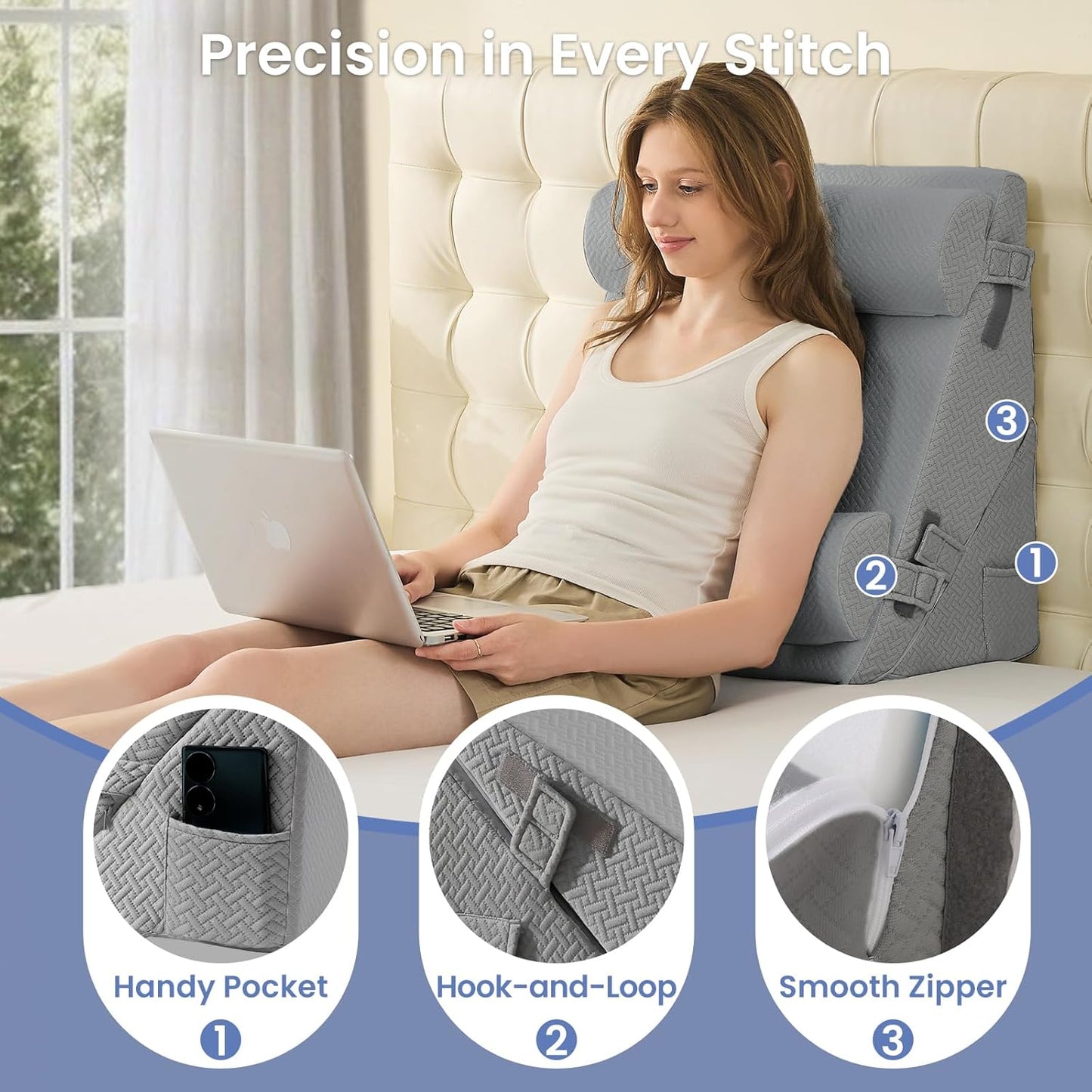 Sasttie Wedge Pillow Set for After Surgery, 2PCS Adjustable Bed Wedge Pillow Headboard with Memory Foam Neck Cushion – for Acid Reflux, Sleeping, Neck & Back Support, Dark Grey & White