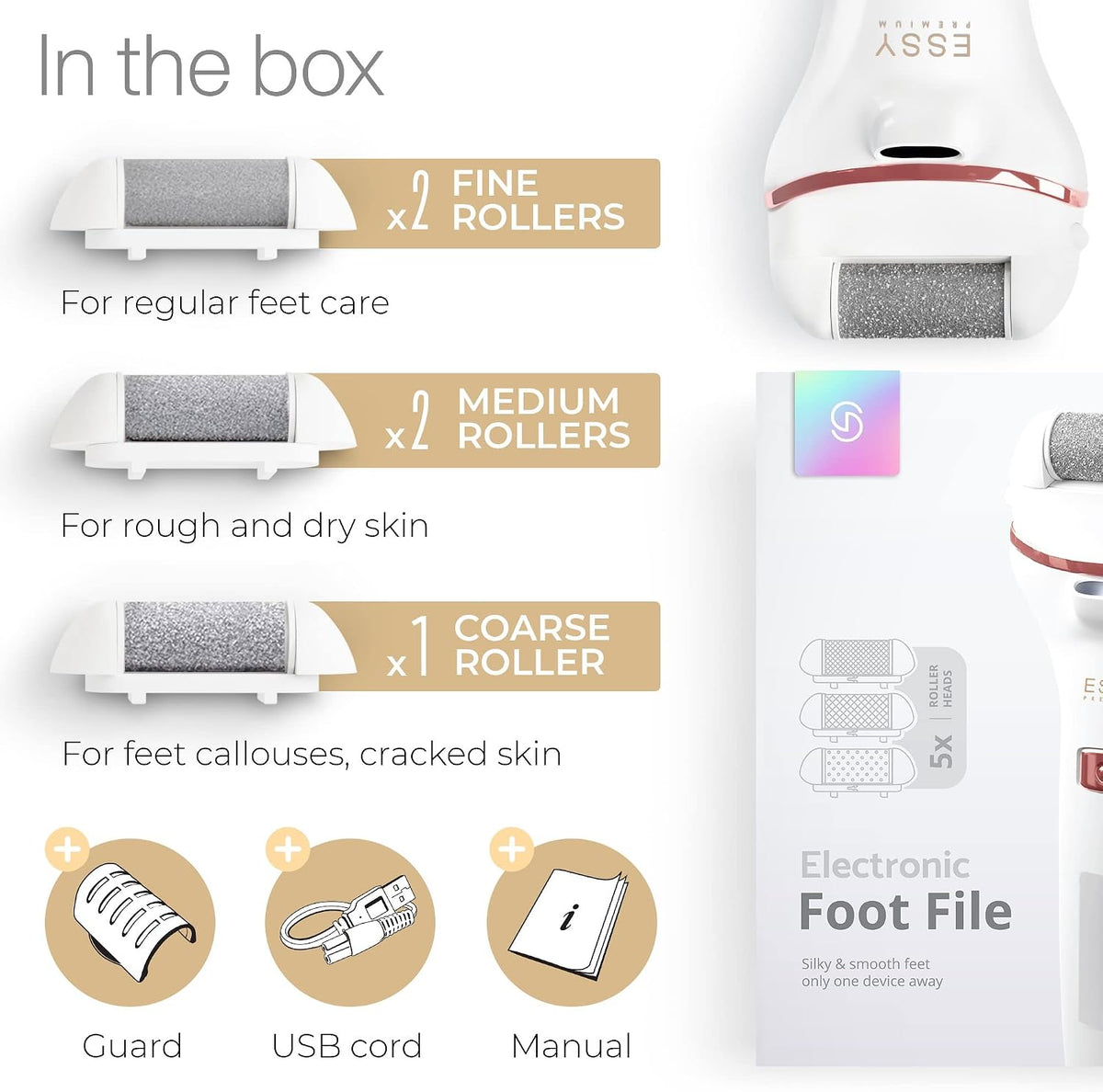 Essy Electric Foot File Hard Skin Remover with 5 Replacement Rollers Foot File Electric Pedicure Sets Cutters Accessories for Dry Dead Hard Skin Feet Callus Remover for Feet Care Exfoliator (Purple)