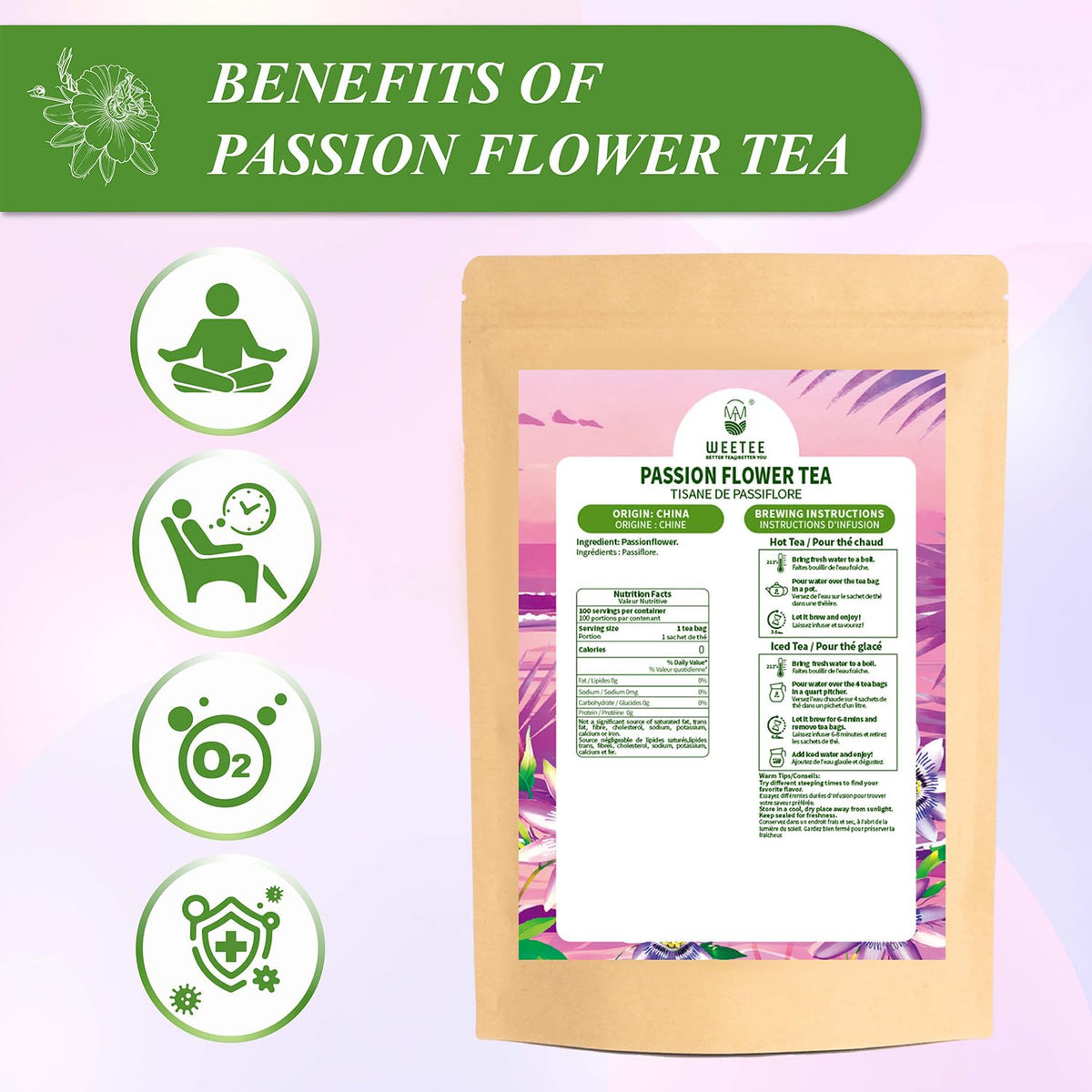 WT WEETEE Passionflower Tea Bags 100ct, Caffeine-Free Herbal Tea for Night
