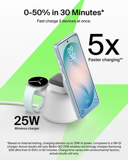 Belkin Qi2.2 25W Magnetic Wireless Charging Station, 3 in 1 Samsung Charger