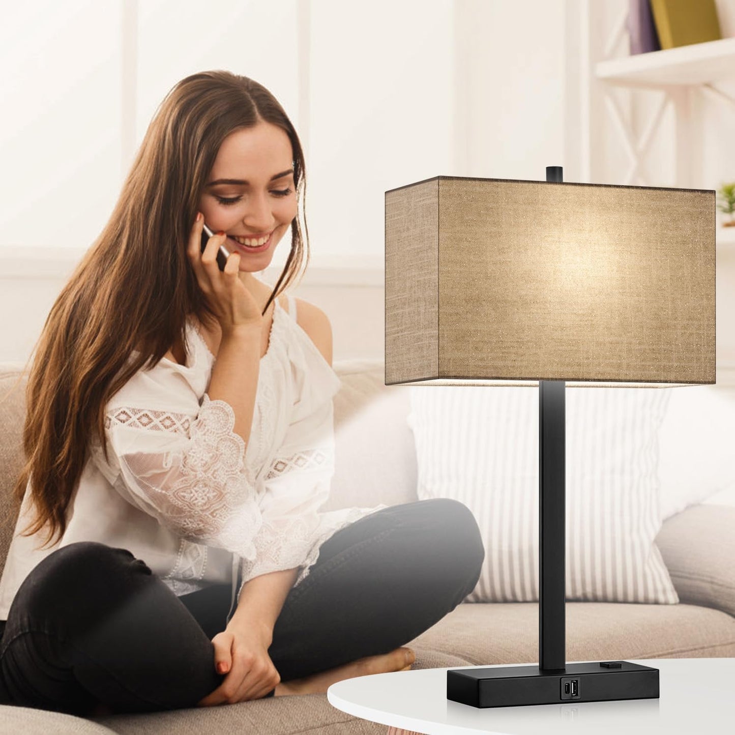 21" Touch Bedside lamps with 2 USB & AC Outlets, 3-Way Dimmable Bedside Table Lamps Set of 2 for Bedroom Living Room Office Reading, Gray Shade Lamps for Night Stands, 5000K LED Bulbs Included