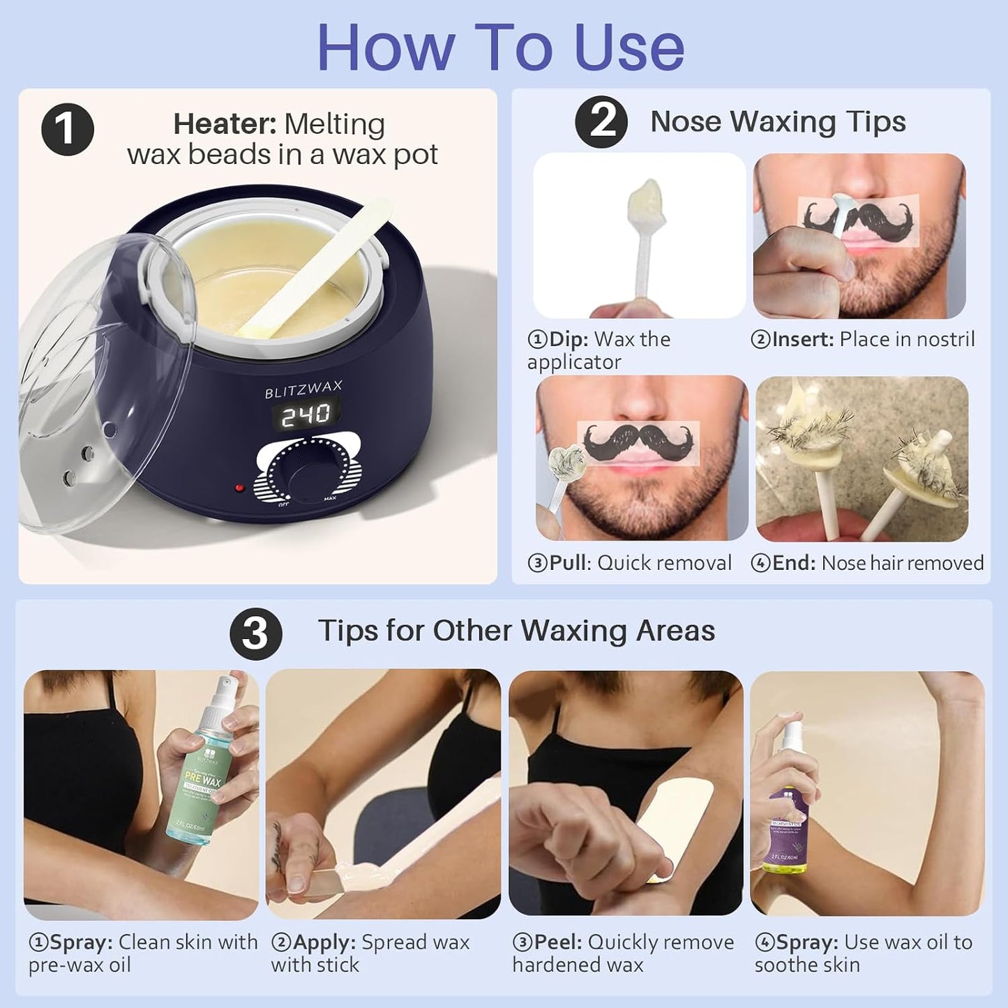 BLITZWAX Brazilian and Bikini Waxing Kit for Women, Hard Wax Warmer for Face, Legs and Body, At Home Hair Removal Kit, Beginner Friendly, Digital Fast Heating, 51 Wax Items