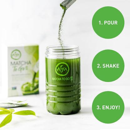 Aiya Japanese Sweetened Matcha Powder to Go Sticks - Ceremonial Grade, Vegan-Friendly, Gluten-Free - 8 Individually Packed Single-Serving Sticks for Freshness and Convenience