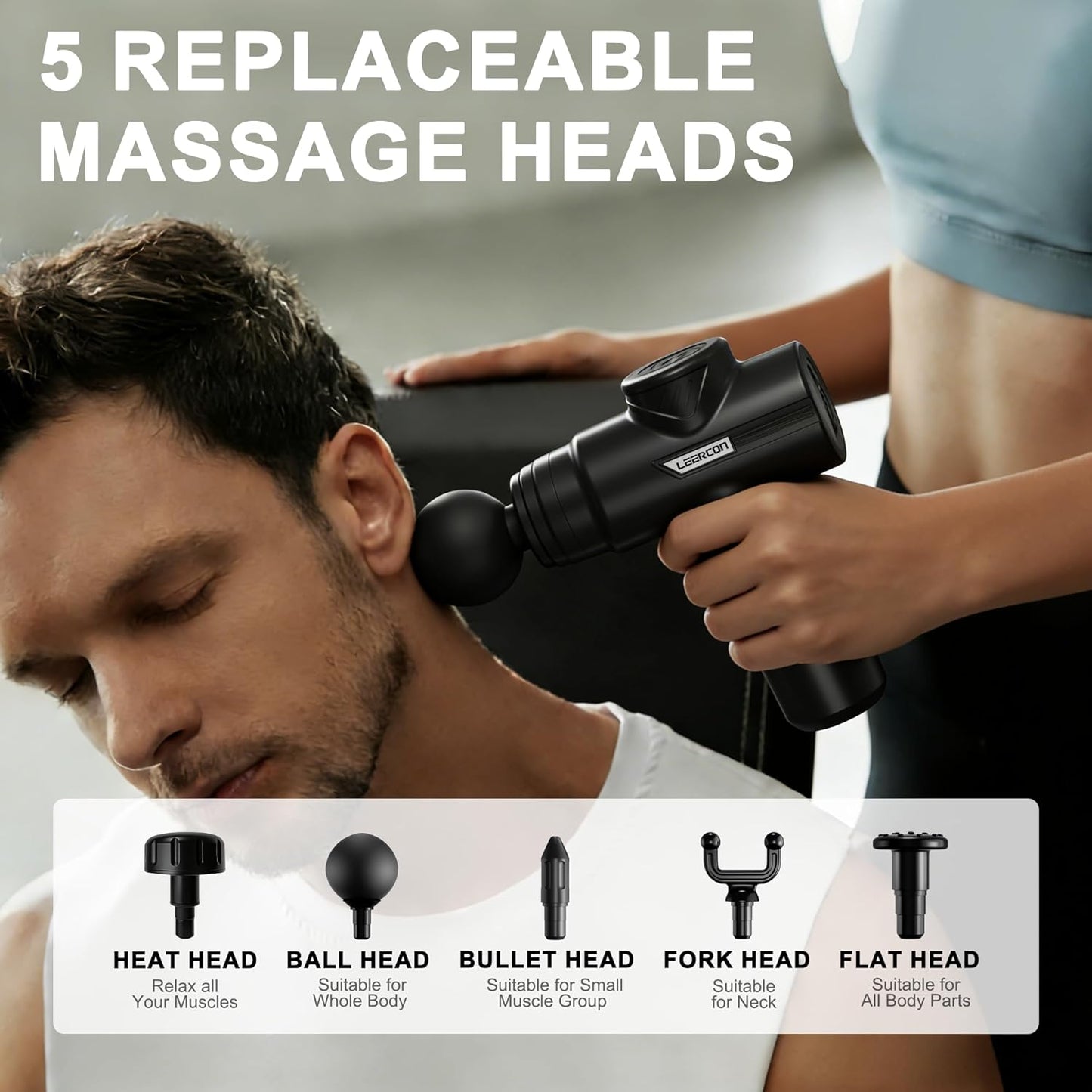 LEERCON Mini Massage Gun, Deep Tissue Relief, 6 Speeds, 4 Heads, Portable for Travel, Office & Home, Gift for Men & Women (Gray)