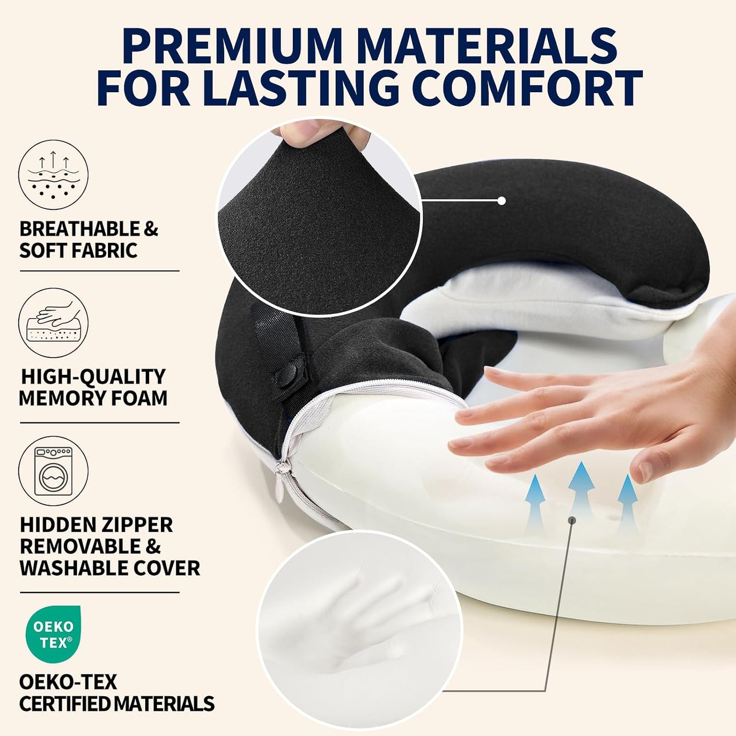 BUYUE Travel Neck Pillows for Airplanes, Memory Foam 360° Head Support Sleep for Long Flight, Skin-Friendly & Breathable, Kit with Eye Mask, Earplugs and Storage Bag (Adult, Grey, 90+ lbs)