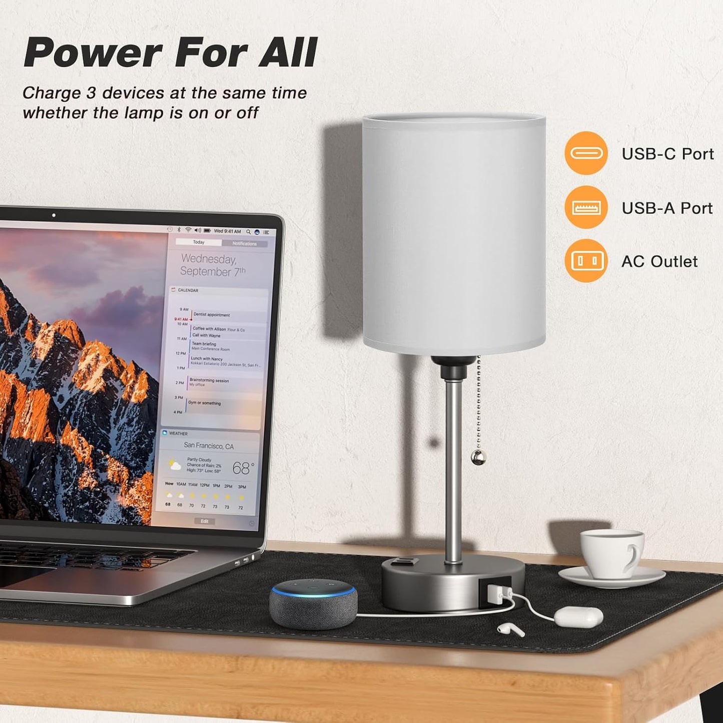 Small Bedside Table lamp for Bedroom - 3 Color Temperatures Bedside Lamps with USB C and A Ports, Pull Chain Table Lamps with AC Outlet, White Nightstand Lamps with Black Metal Base for Kids Reading