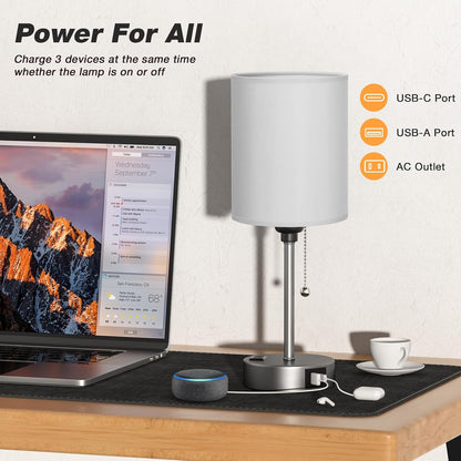 Small Bedside Table lamp for Bedroom - 3 Color Temperatures Bedside Lamps with USB C and A Ports, Pull Chain Table Lamps with AC Outlet, White Nightstand Lamps with Black Metal Base for Kids Reading